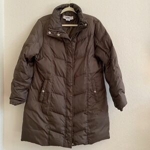 Anne Klein Coat Women Sz L Brown Parka Coat Down Filled Long Snap Zip Closure‎